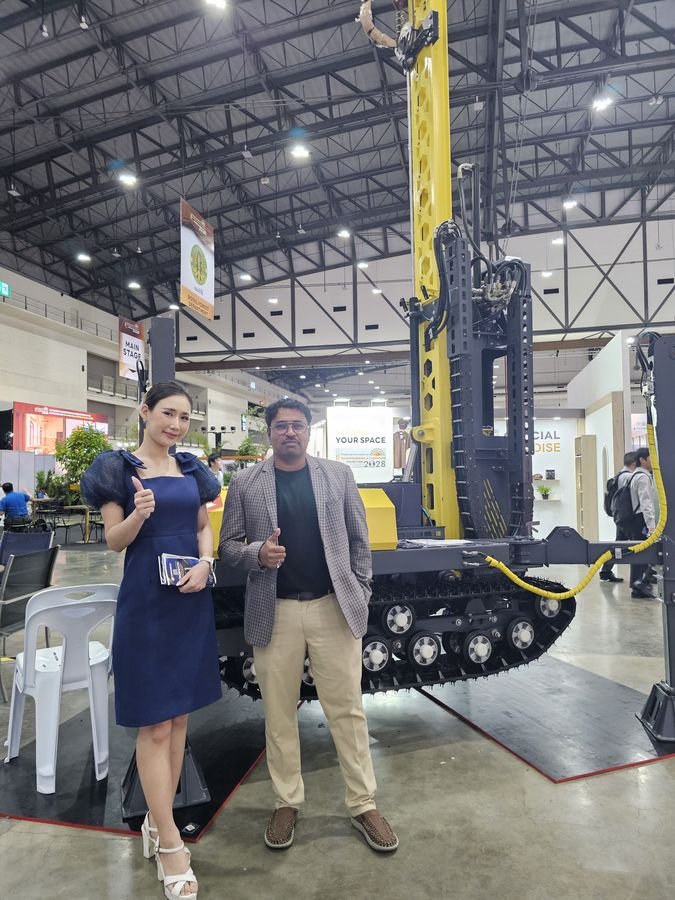 A crawler-mounted drilling rig on the exhibition floor in Hall 7.