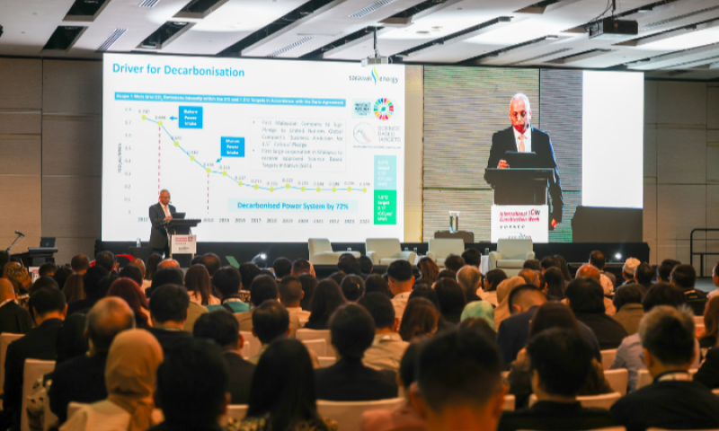 Speaker presenting to a full conference hall at International Construction Week
