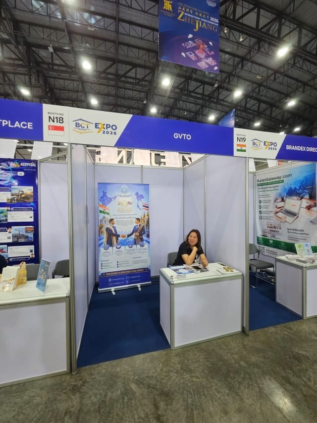 A wide view of GVTO's stand where visitors explore India–Thailand business opportunities.